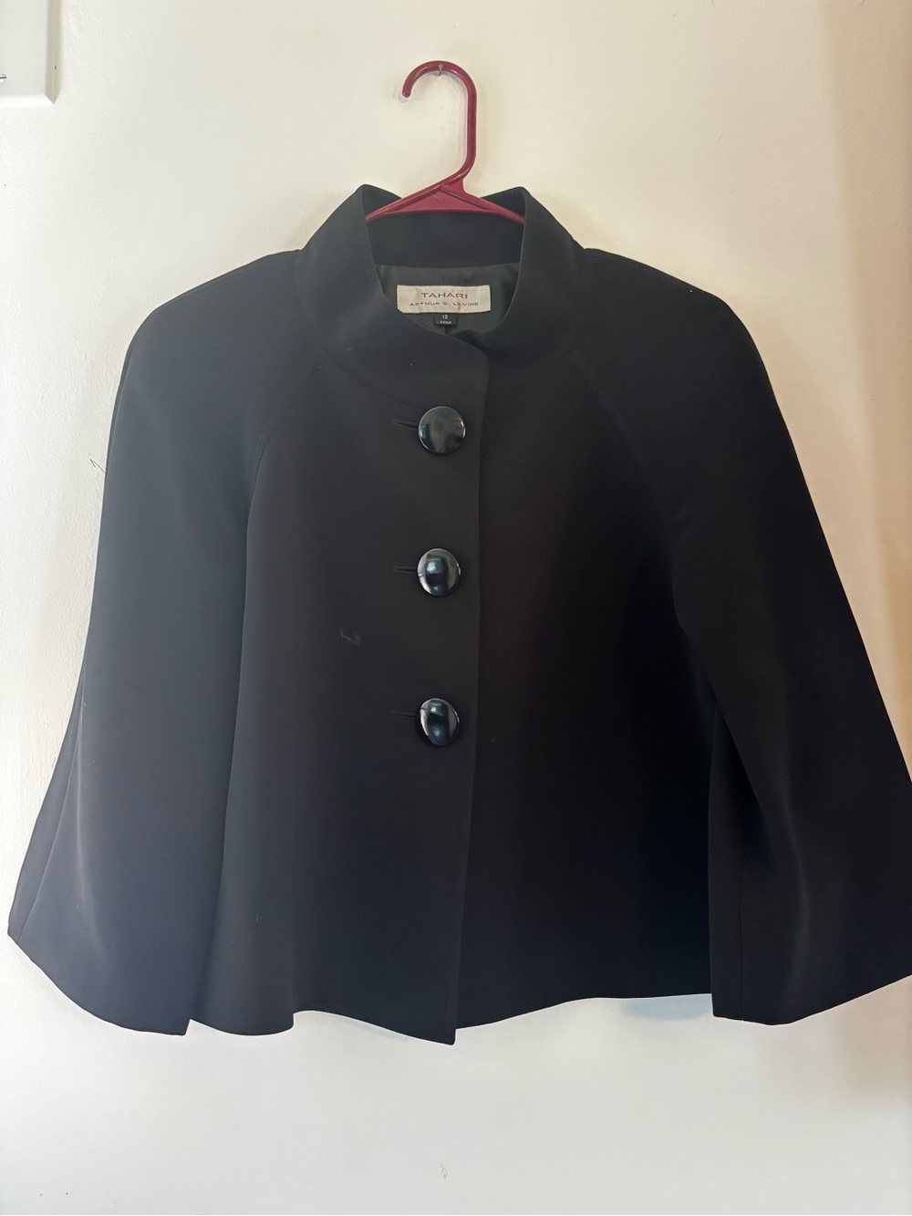 Tahari Black Boxy Cape Coat with Large Buttons